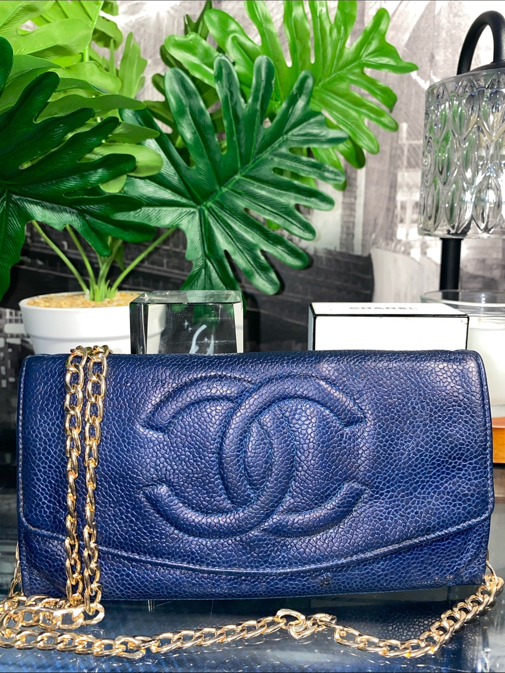 Authentic CHANEL COCO Mark Caviar Blue Skin Purse